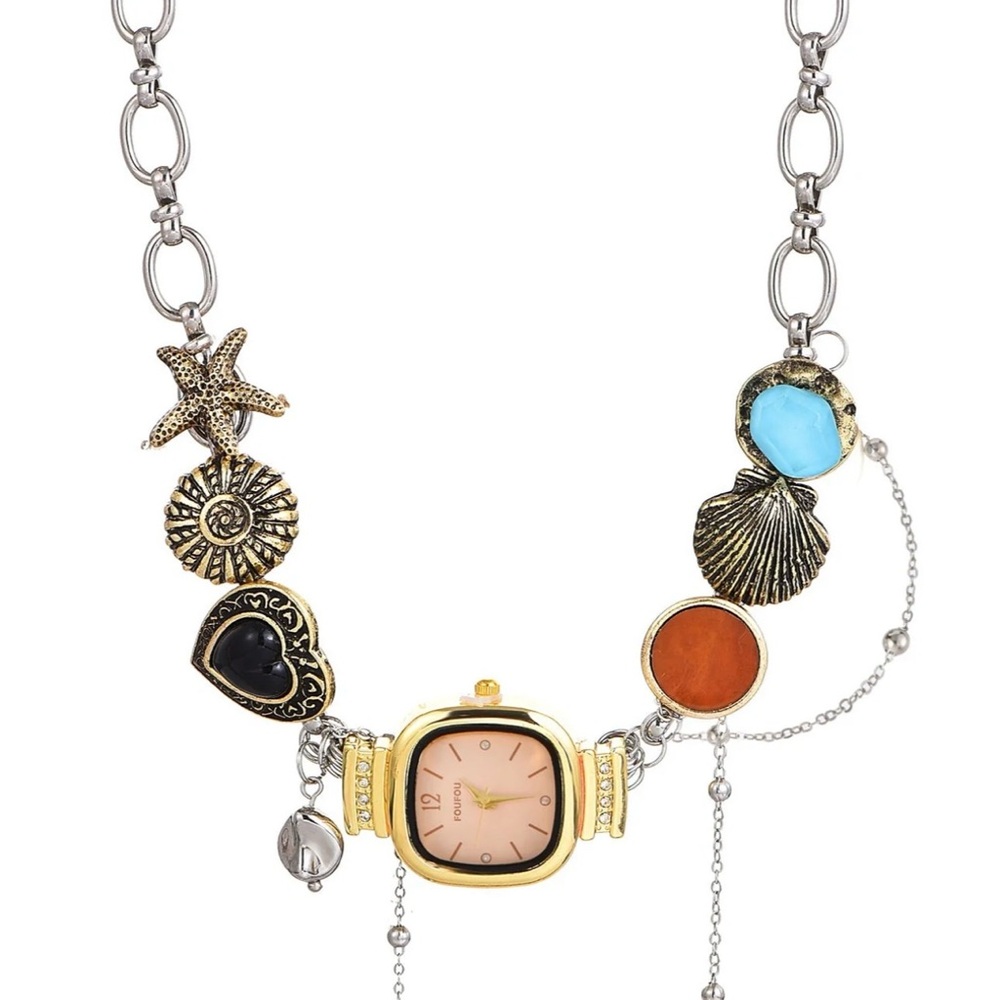Gold and Silver Seashell Charm Necklace with Watch